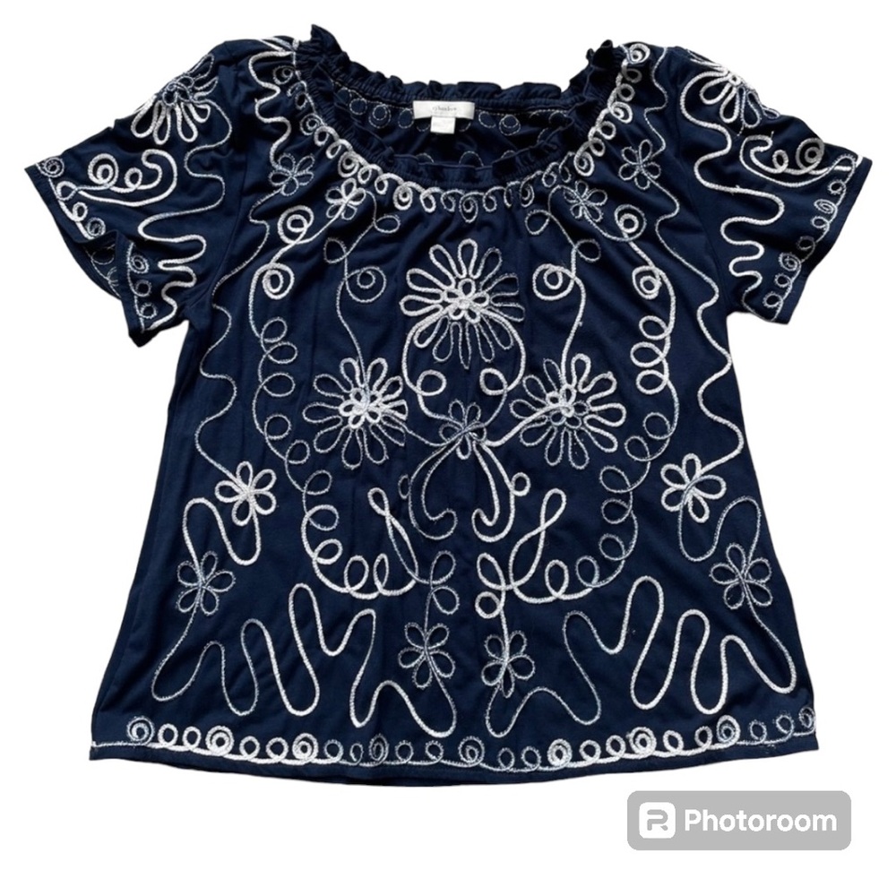 ❗️5/$20❗️Women’s Navy Short Sleeve Top with White & Silver Swirl Design - Sz 1X